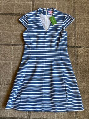 Lilly Pulitzer "Bree" Ottoman Shift Dress Bay Blue Ottoman Stripes size Large